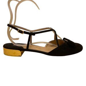 Salvatore Ferragamo Women’s Black Suede Bow Gold Accent Heel Sandals Size 10B